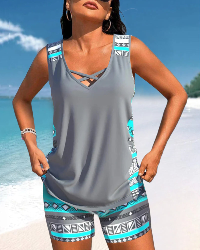 Tankinis avec motif géométrique et décolleté en V