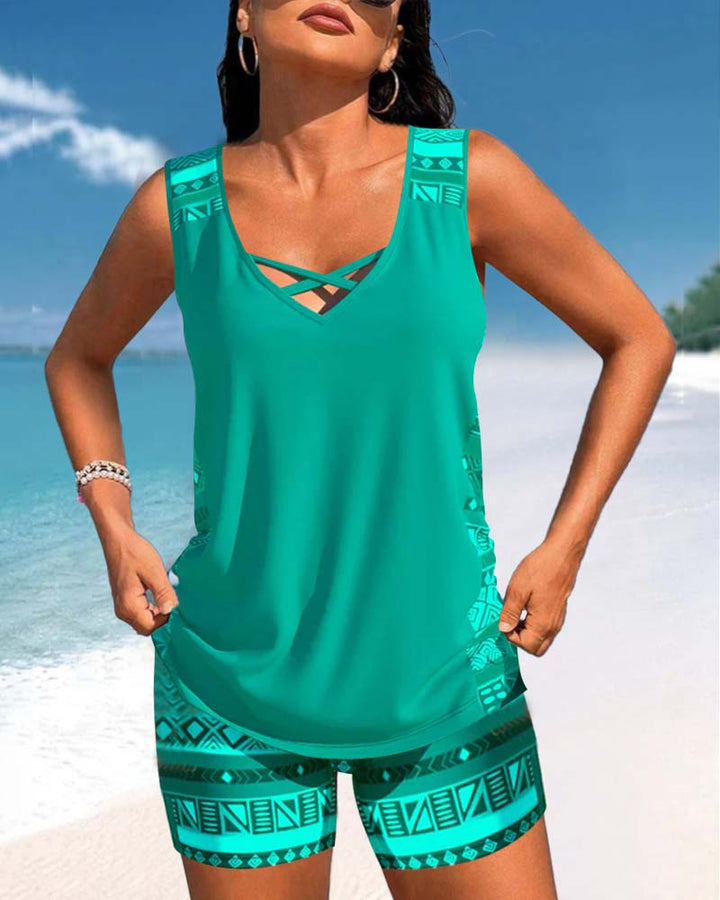 Tankinis avec motif géométrique et décolleté en V