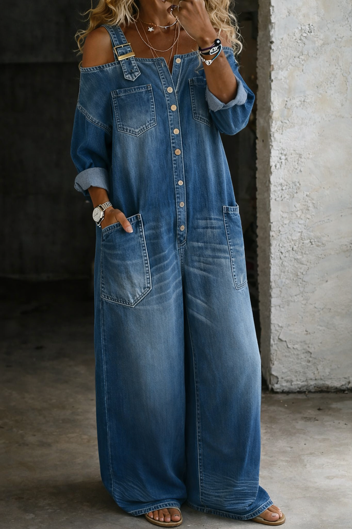 Sophia | Combinaison en denim à épaules dénudées