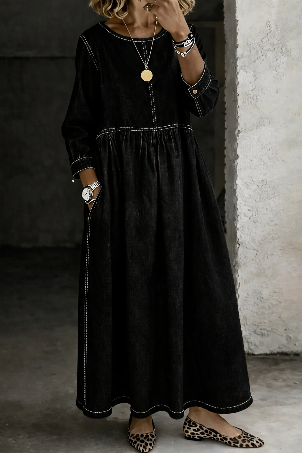 Melissa | Robe en Jean à Col Rond et Manches Longues