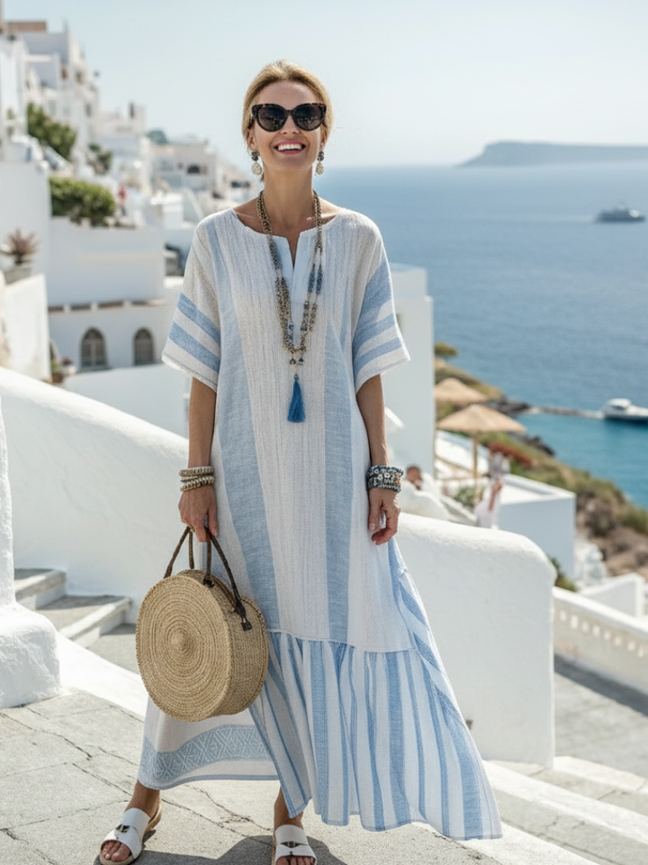 Ione | Robe longue élégante et confortable à rayures, col rond et manches courtes