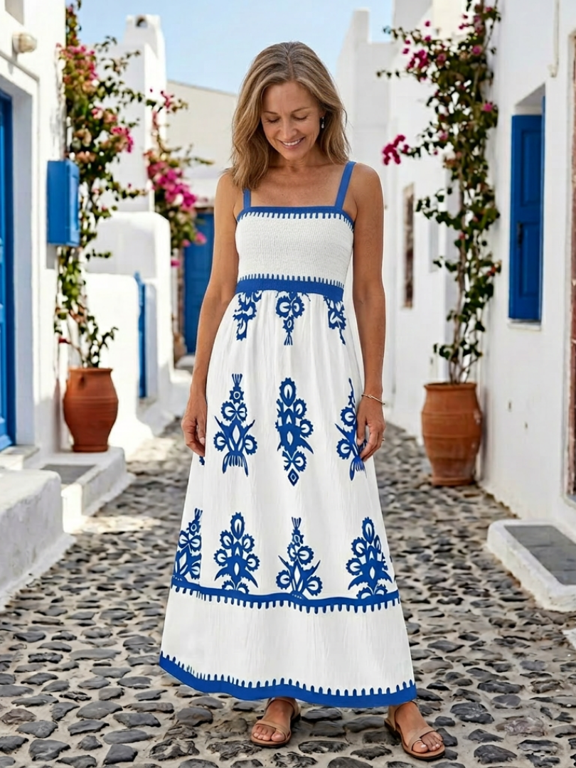 Odelina | Robe longue élégante et confortable à corsage smocké, sans manches
