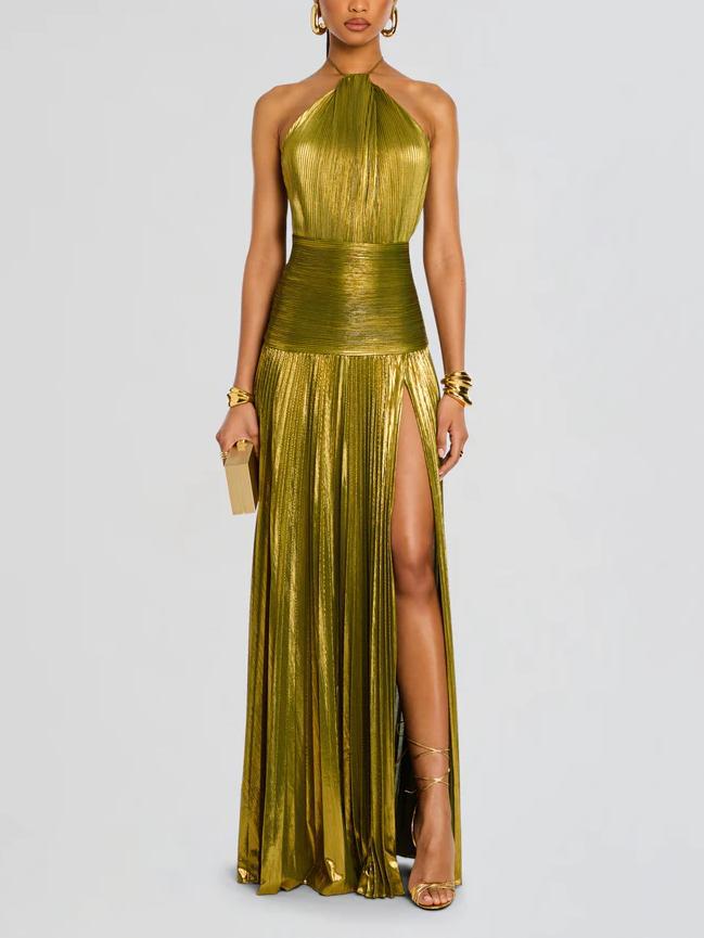 Robe Halter Plissée Métallique Tendance