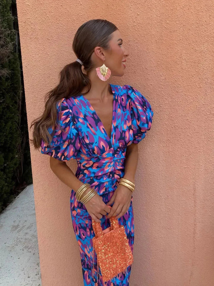 Laluna | Robe Colorée avec Manches Plissées
